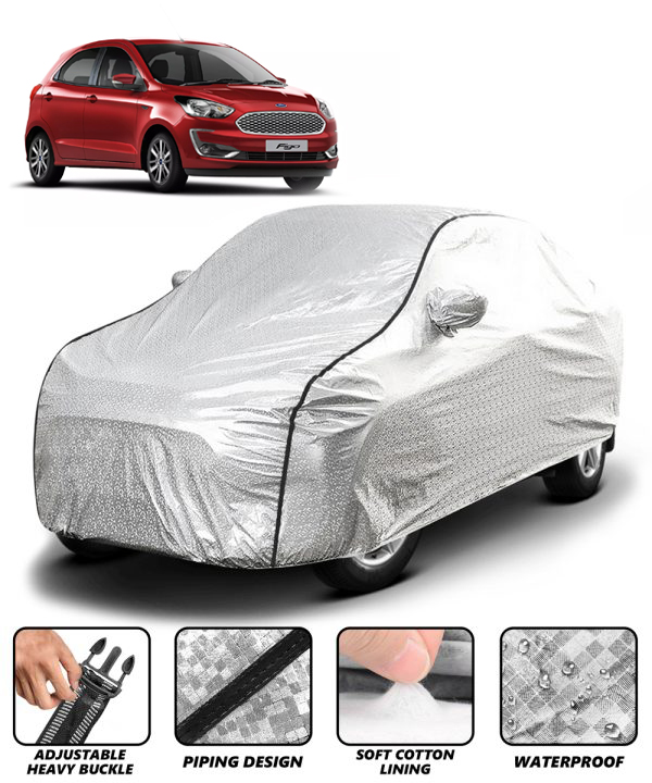 Carzex Waterproof & Heat Resistant Metallic Silver With Black Border Car Body Cover with Mirror Pockets For Ford Figo